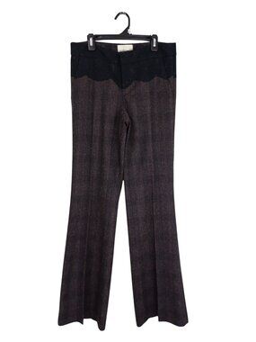 Anthropologie Elevense The Brighton Plaid Wide-Leg Pants Black Lace Trim Size 8
